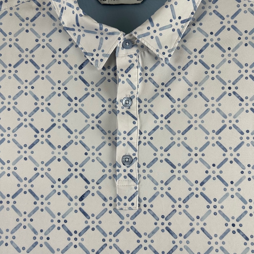 7 Diamonds Marbella Mens Large Blue White Geometric 4-Way Stretch Golf Polo - Picture 2 of 9